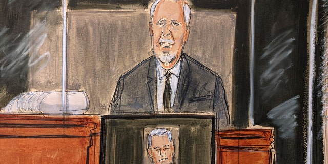 In this courtroom sketch, Lawrence Paul Visoski Jr., who was one of Jeffrey Epstein's pilots, testifies on the witness stand during Ghislaine Maxwell's sex trafficking trial, Monday, Nov. 29, 2021, in New York. 