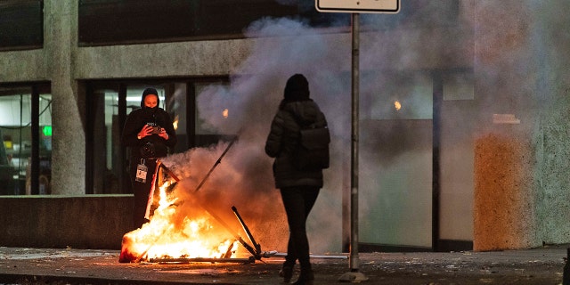 The Most Misleading Statements From the 1619 Project Founder Nikole Hannah-Jones 6 A fire burns near the south entrance of the Justice Center after a riot was declared in Portland, Oregon, Nov. 19 2021.