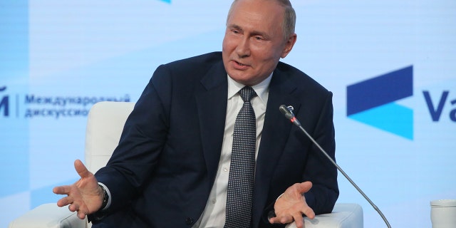 Russian President Vladimir Putin speaks during the Valdai Discussion Club's plenary meeting, on Oct. 21 in Sochi, Russia. Recently, Putin spoke about strengthening the country's air defenses.