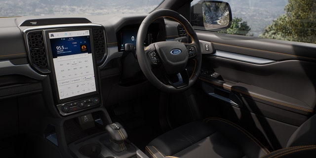 The Ford Ranger interior features a large, portrait-oriented center display similar to the one in the Mustang Mach-E.