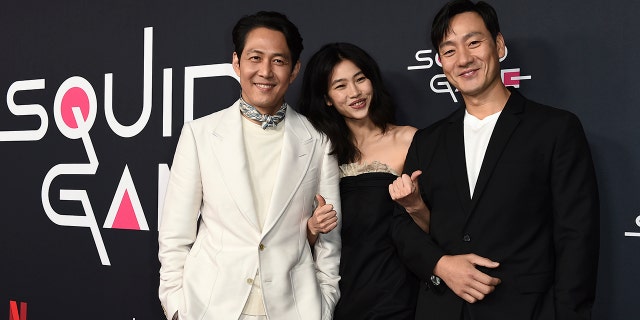 From left, cast members Lee Jung-jae, Jung Hoyeon and Park Hae Soo arrive at a red carpet event for "Squid Game" on Monday, Nov. 8, 2021, at NeueHouse Hollywood in Los Angeles. 