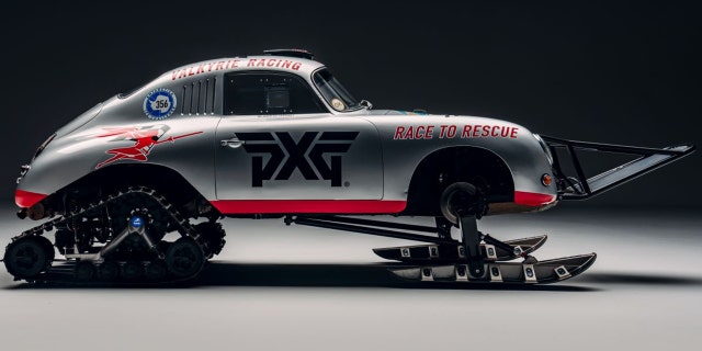 The 1956 Porsche 356A is equipped with snow tracks, skis and a crevasse bar.