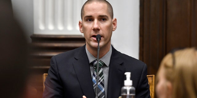 Kenosha Police Detective Martin Howard testifies during the Kyle Rittenhouse trial at the Kenosha County Courthouse in Kenosha, Wisconsin, on Thursday, Nov. 4, 2021.