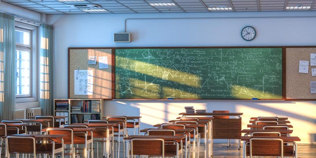 interior of a school classroom with wooden desks and chairs. nobody around. 3d render