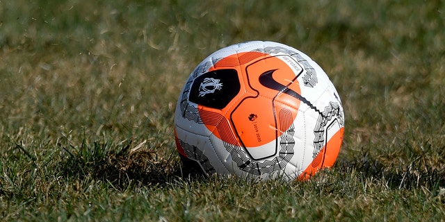 Uma foto de detalhe de uma bola de futebol no campo.