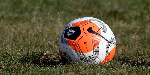 A detail photo of a soccer ball on the field.