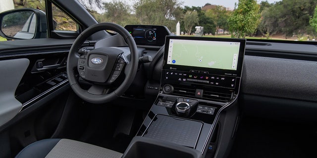 The Solterra features an unusual instrument cluster design and widescreen infotainment system shared with the Toyota bZ4X.