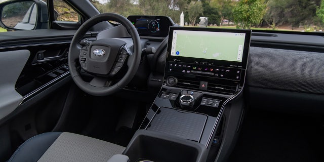 The Solterra features an unusual instrument cluster design and widescreen infotainment system shared with the Toyota bZ4X.