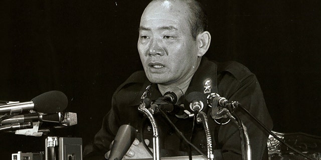 Former South Korean President Chun Doo-hwan speaks during a press conference in Seoul, South Korea, on Nov. 6, 1978.