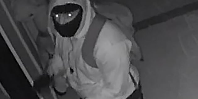 One suspect can be seen outside a glass door of the home.