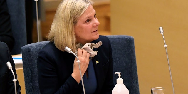 Sweden's Finance Minister and Social Democratic Party leader Magdalena Andersson looks on during a vote in the Swedish parliament Riksdagen in Stockhom on Wednesday, Nov. 24, 2021. 