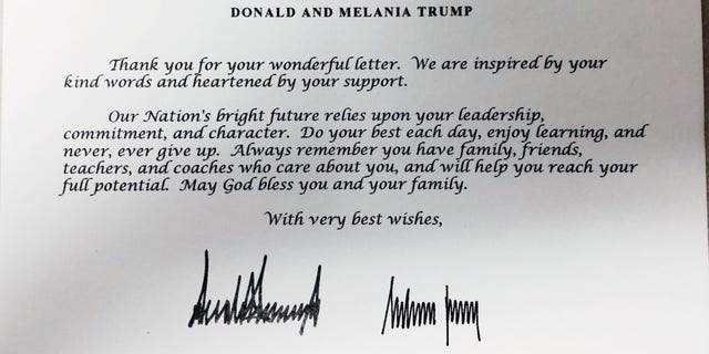 Image of the signed letter the Trumps sent to students at Colby High School.