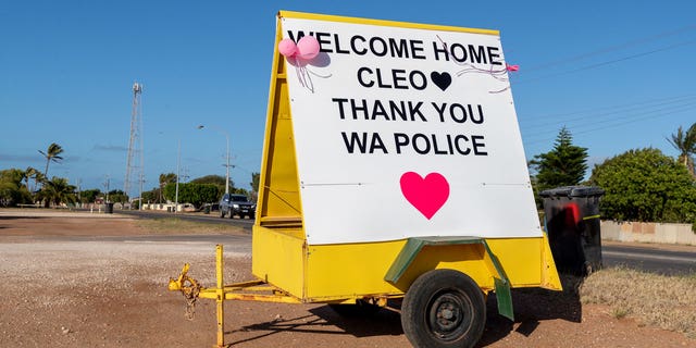 A sign, which reads, "Welcome Home Cleo, Thank You WA Police," is seen in support of missing girl Cleo Smith, who was rescued by Western Australian Police Wednesday morning in Carnarvon, 900 km (560 miles) north of the capital Perth in Western Australia, Thursday, Nov. 4, 2021.