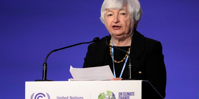 Treasure Secretary Janet Yellen speaks at the U.N. climate summit in Glasgow, Scotland, Nov. 3, 2021.