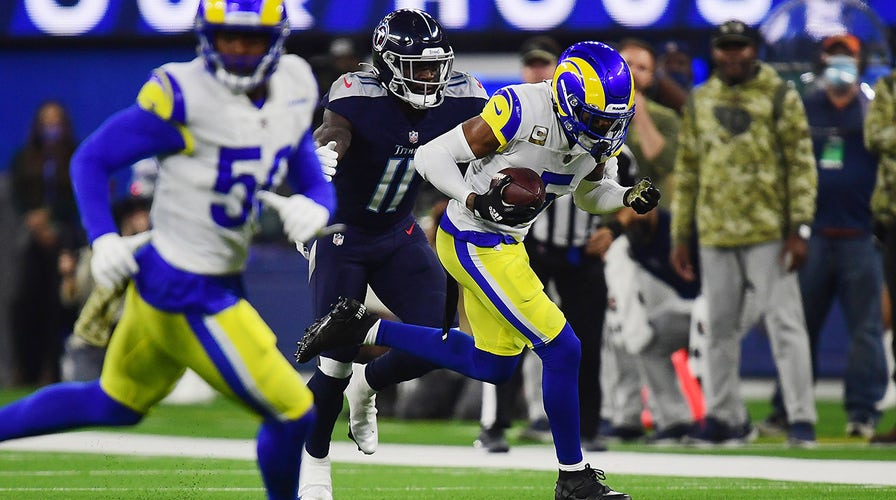 Inglewood, United States. 07th Nov, 2021. Los Angeles Rams cornerback Jalen  Ramsey (5) intercepts a pass attended for Tennessee Titans wide receiver  A.J. Brown (11) during a NFL game, Sunday, Nov. 7