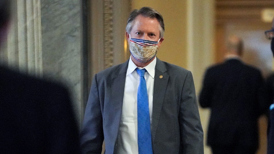 FEBRUARY 13: Sen. Roger Marshall (R-KS) arrives at the Senate Chamber before the fifth day of the Senate Impeachment trials for former President Donald Trump on Capitol Hill on February 13, 2021 in Washington, DC. The Senate will hear closing arguments and possibly vote on whether to convict former President Donald Trump for inciting the insurrection at the Capitol on January 6. (Photo by Greg Nash - Pool/Getty Images)