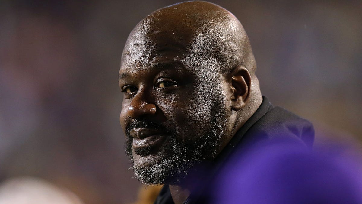 Shaquille O'Neal reacts during the first half of a game between the LSU Tigers and the Texas AM Aggies at Tiger Stadium on November 27, 2021 in Baton Rouge, Louisiana.