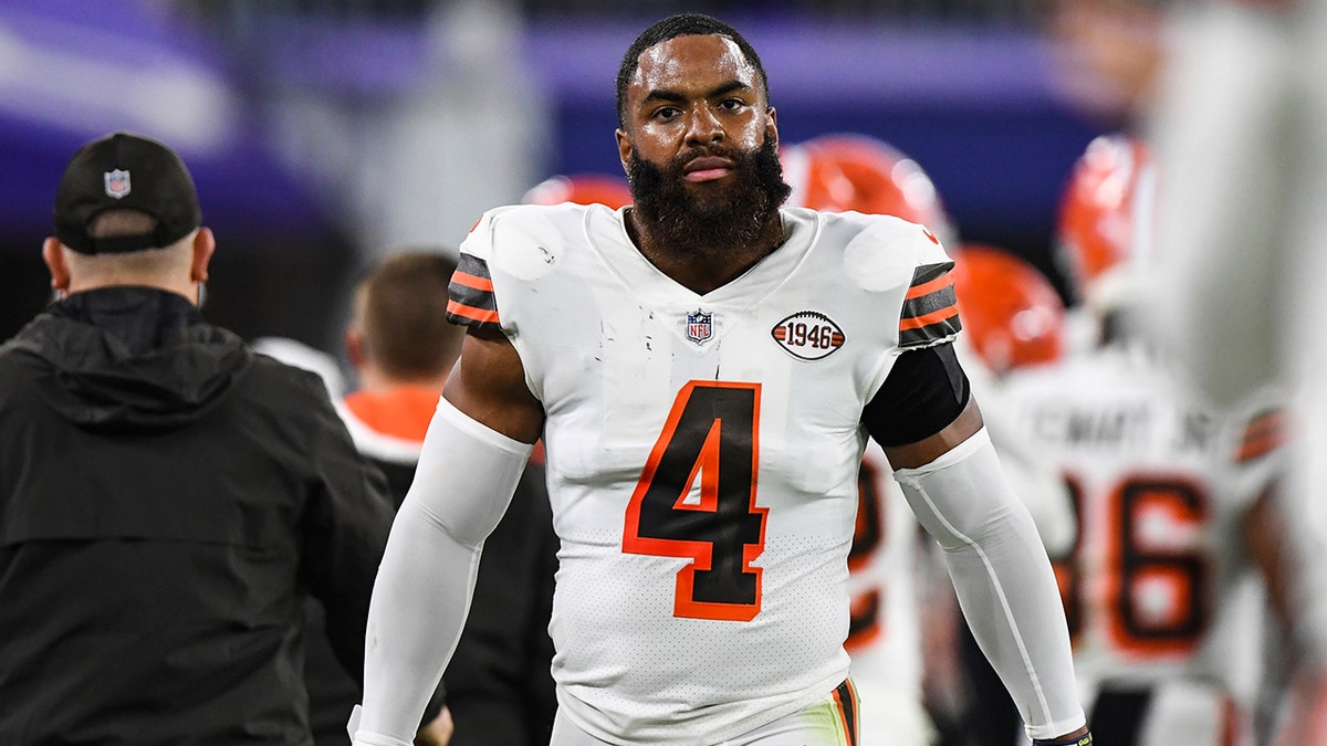 Cleveland Browns linebacker Anthony Walker Jr. looks on from the sideline during the first half of an NFL football game against the Baltimore Ravens, Nov. 28, 2021, in Baltimore. 