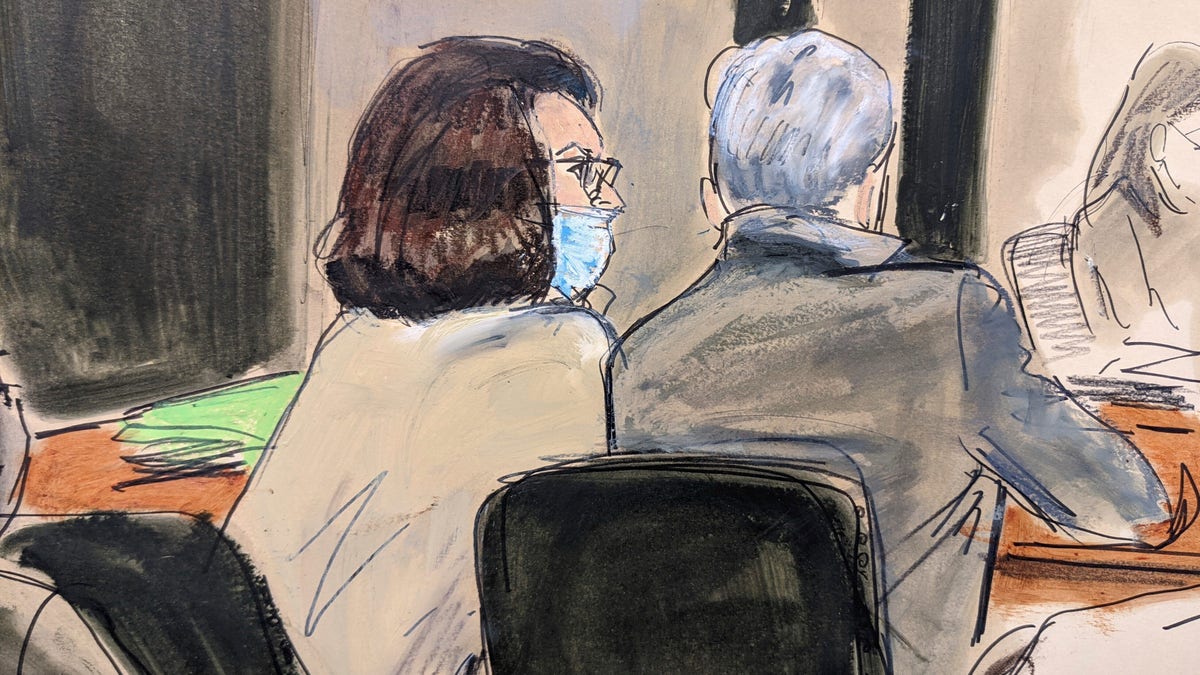 In this courtroom sketch, Ghislaine Maxwell, left, confers with lead defense attorney Bobbi Sternheim before Judge Alison Nathan takes the bench during Maxwell's sex trafficking trial, Tuesday, Nov. 30, 2021, in New York. A longtime pilot for the late financier Jeffrey Epstein resumed his testimony at Ghislaine Maxwell's sex trafficking trial Tuesday, saying that the British socialite charged with helping the financier find teenage girls to sexually abuse was 