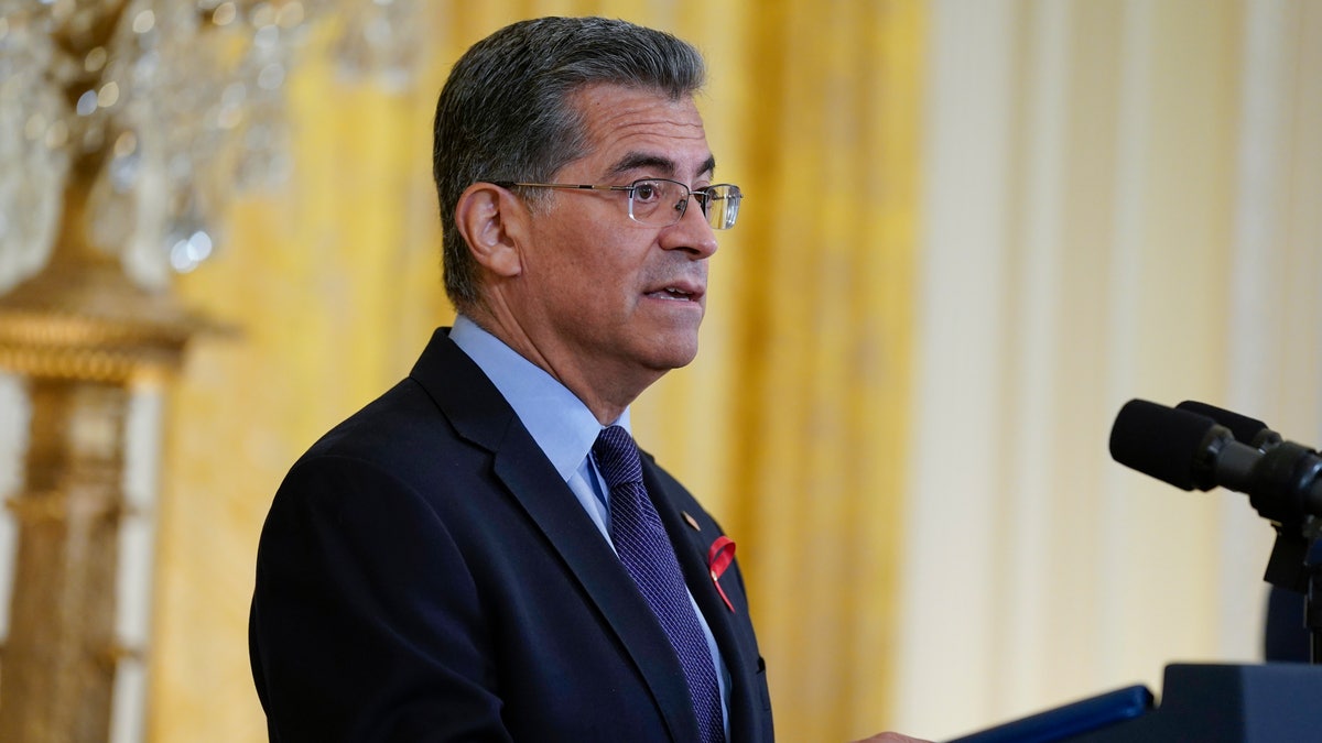 Health and Human Services Secretary Xavier Becerra speaks before President Joe Biden at an event to commemorate World AIDS Day during an event in the East Room of the White House, Wednesday, Dec. 1, 2021, in Washington. (AP Photo/Evan Vucci)