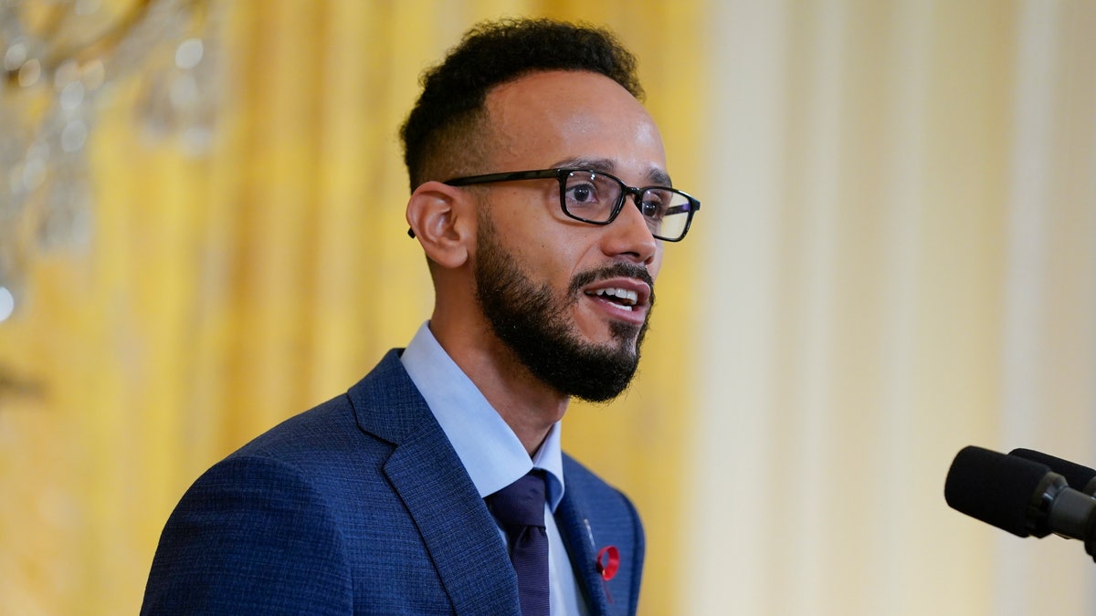 Gabriel Maldonado, HIV/AIDS Advocate, CEO and Founder of TruEvolution, speaks before President Joe Biden at an event to commemorate World AIDS Day during an event in the East Room of the White House, Wednesday, Dec. 1, 2021, in Washington. (AP Photo/Evan Vucci)