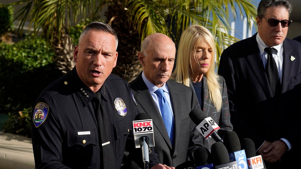 Beverly Hills Police Chief Mark G. Stainbrook, left, addresses the media about the death of Jacqueline Avant during a news conference on Dec. 1 in Beverly Hills, Calif. 