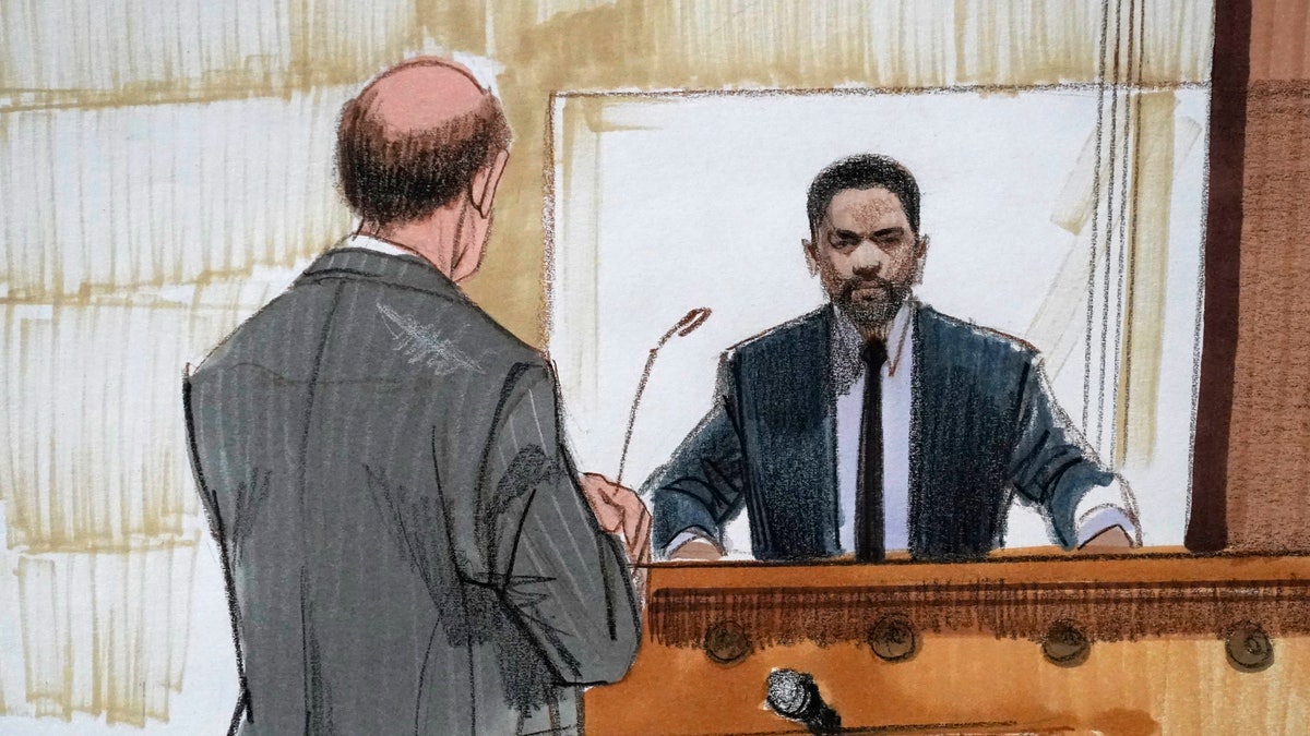 In this courtroom sketch, special prosecutor Dan Webb, left, cross-examines actor Jussie Smollett Tuesday, Dec. 7, 2021, in Chicago. 