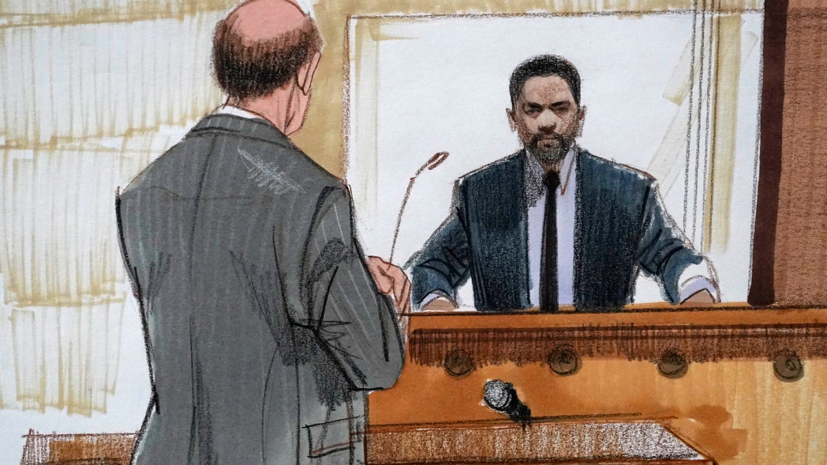 In this courtroom sketch, special prosecutor Dan Webb, left, cross-examines actor Jussie Smollett Tuesday, Dec. 7, 2021, in Chicago. 