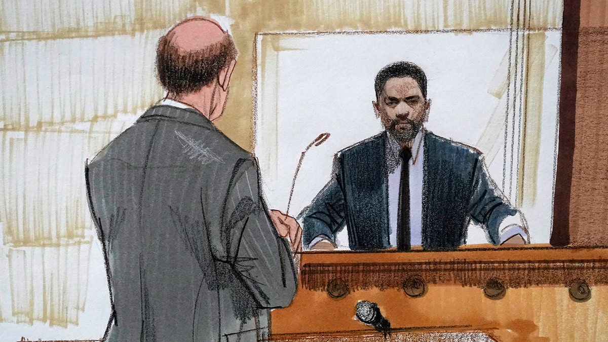 In this courtroom sketch, special prosecutor Dan Webb, left, cross examines actor Jussie Smollett Tuesday, Dec. 7, 2021, in Chicago.