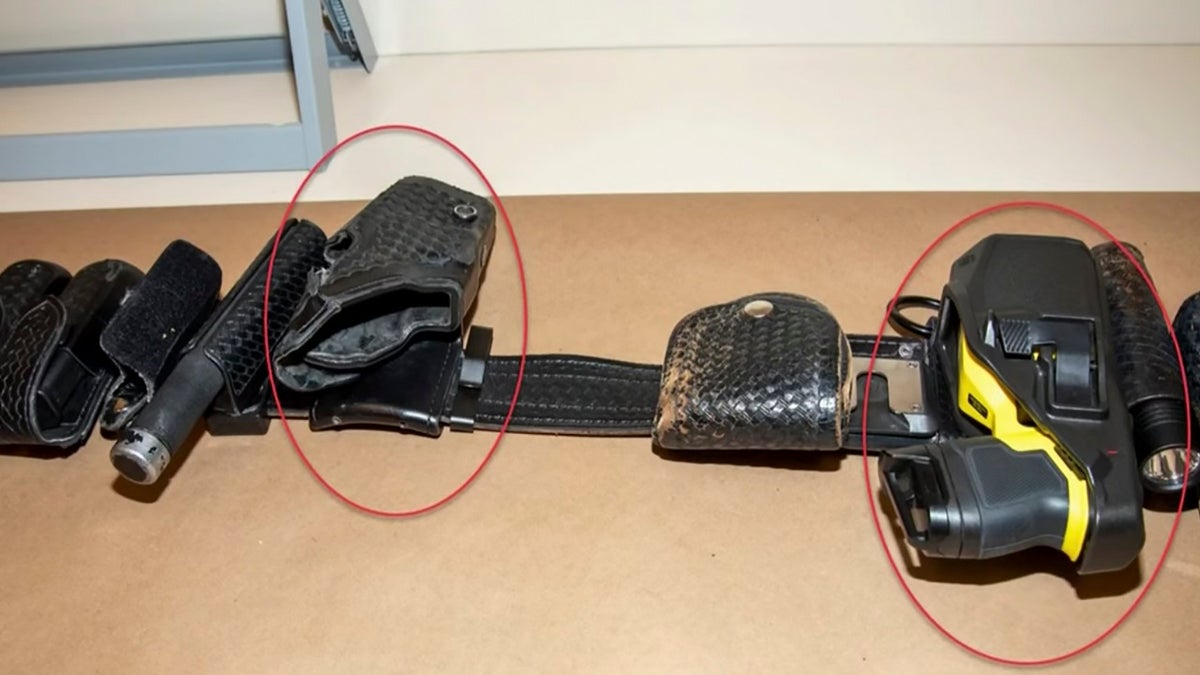 This image provided by the prosecution shows Officer Kim Potter's duty belt as the state delivers its opening statement before Hennepin County Judge Regina Chu Wednesday, Dec. 8, 2021. Potter, a former Brooklyn Center Police officer, is on trial in the April 11, 2021, death of Daunte Wright.