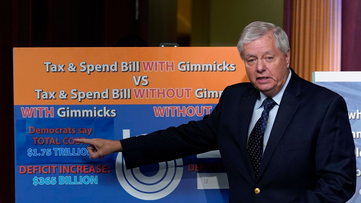 Sen. Lindsey Graham, R-S.C., talks about the the Build Back Better bill during a news conference on Capitol Hill in Washington, Friday, Dec. 10, 2021. (AP Photo/Susan Walsh)