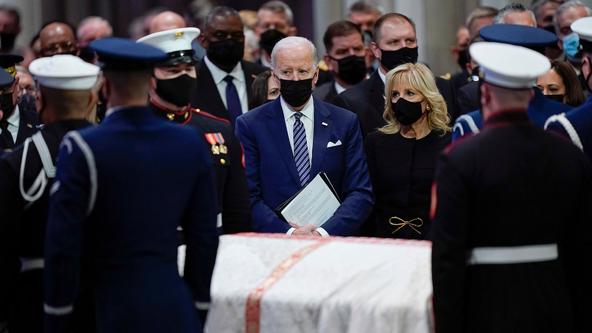 President Joe Biden, first lady Jill Biden and Vice President Kamala Harris attend the funeral service for former Sen. Bob Dole of Kansas, at the Washington National Cathedral, Friday, Dec. 10, 2021, in Washington.