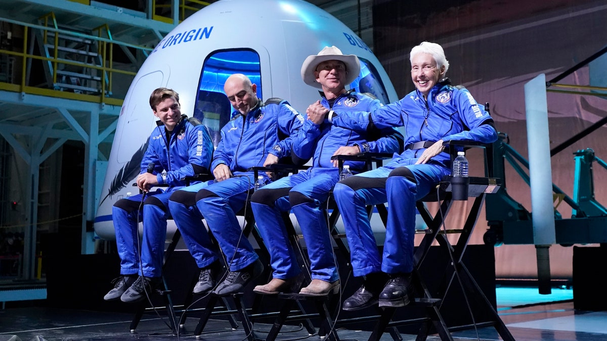 Oliver Daemen, from left, Mark Bezos, Jeff Bezos, founder of Amazon and space tourism company Blue Origin, and Wally Funk