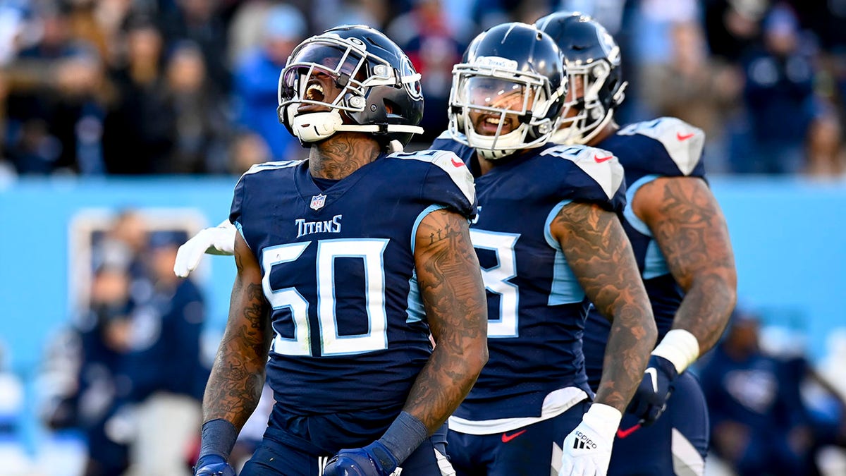 Tennessee Titans linebacker Derick Roberson celebrates a sack on Jacksonville Jaguars quarterback Trevor Lawrence Sunday, Dec. 12, 2021, in Nashville.