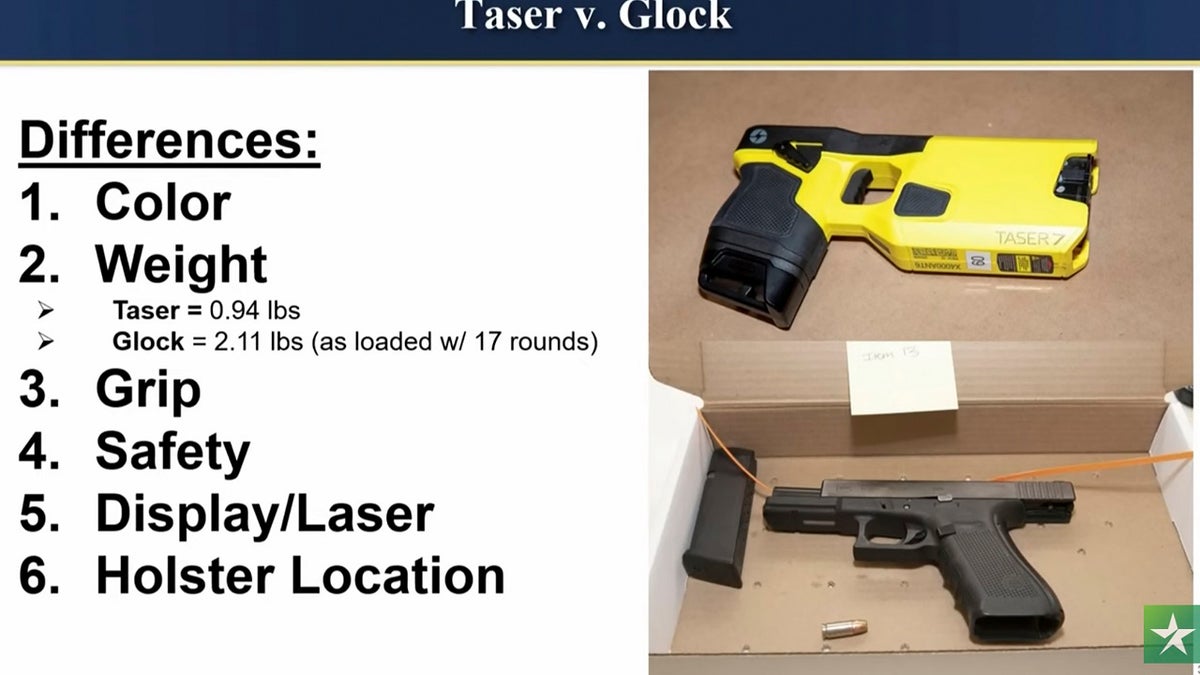 This image provided by the prosecution shows the difference between a Taser and a Glock as the state delivers their opening statement Wednesday, Dec. 8, 2021, in the trial of former Brooklyn Center police Officer Kim Potter.