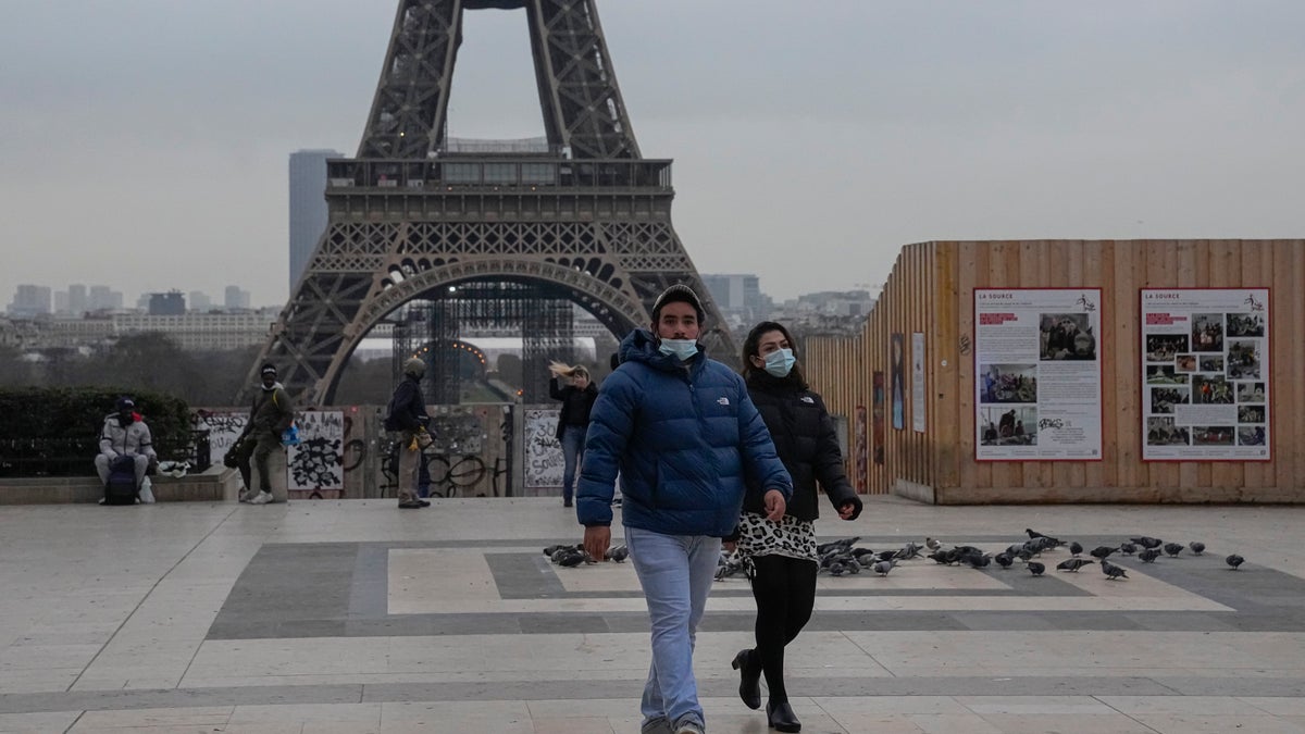 People wearing face masks to protect against COVID-19 cross the Trocadero Plaza in Paris, Wednesday, Dec. 15, 2021. (AP Photo/Michel Euler)