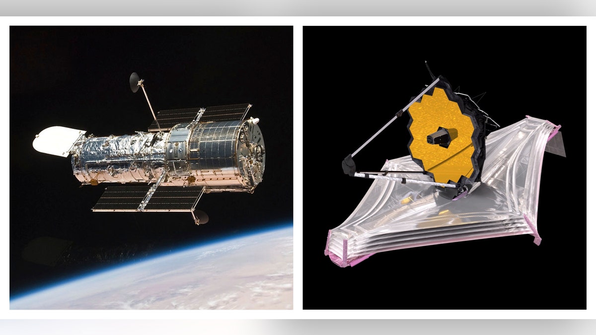 This combination of images made available by NASA shows the Hubble Space Telescope orbiting the Earth and an illustration of the James Webb Space Telescope. (NASA via AP)
