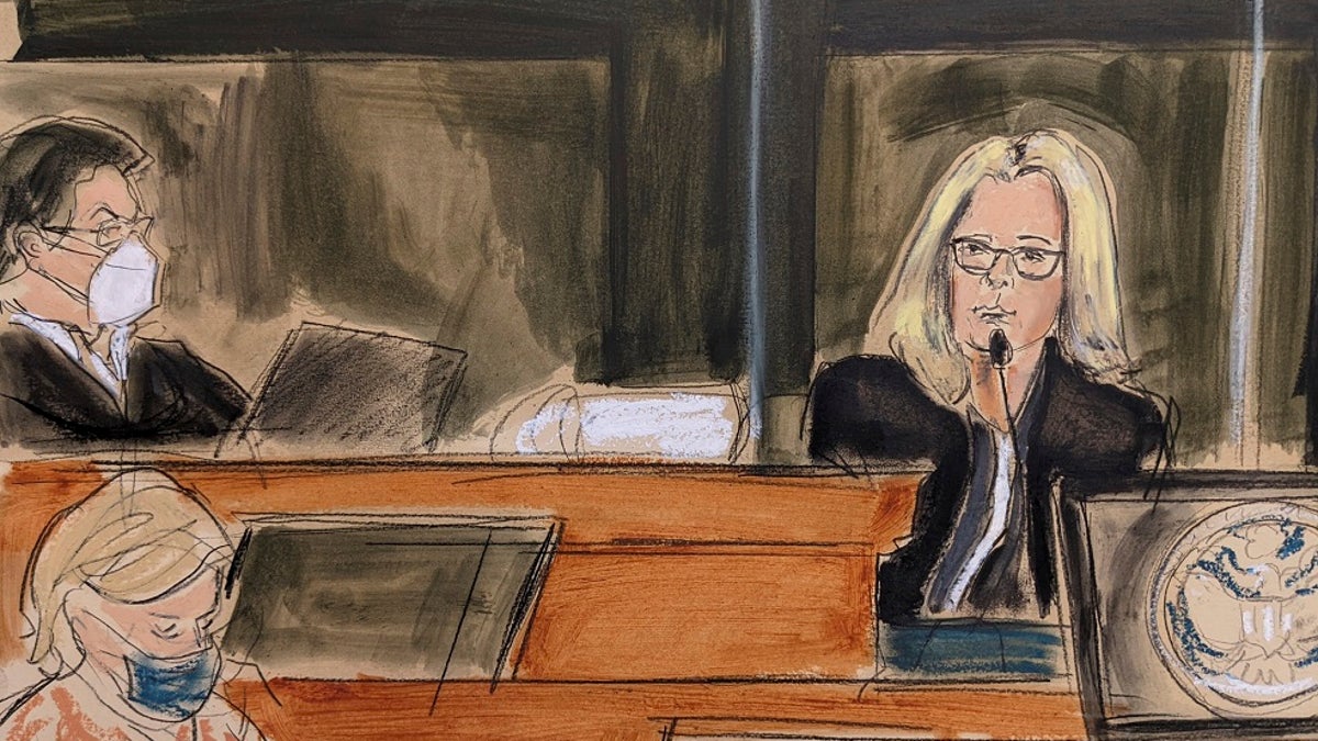 In this courtroom sketch Eva Andersson Dubin, right, testifies as Judge Alison Nathan, left, listens on the bench during the Ghislaine Maxwell's sex trafficking trial, Friday, Dec. 17, 2021, in New York. (Elizabeth Williams via AP)