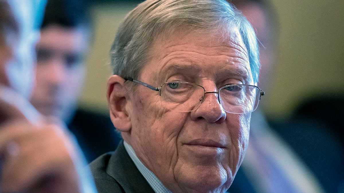 FILE - In this Feb. 14, 2019 photo, Sen. Johnny Isakson, R-Ga., leads a meeting on Capitol Hill in Washington. Isakson, an affable Georgia Republican politician who rose from the ranks of the state Legislature to become a U.S. senator, has died. He was 76. Georgia Gov. Brian Kemp’s office confirmed the death in a news release Sunday, Dec. 19, 2021. (AP Photo/J. Scott Applewhite, File)