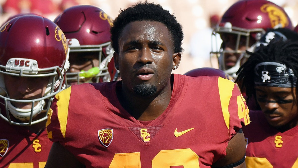 Abdul-Malik McClain, 22, when he was a member of the USC football program. McClain was arrested Monday in connection with a COVID relief fraud scheme.