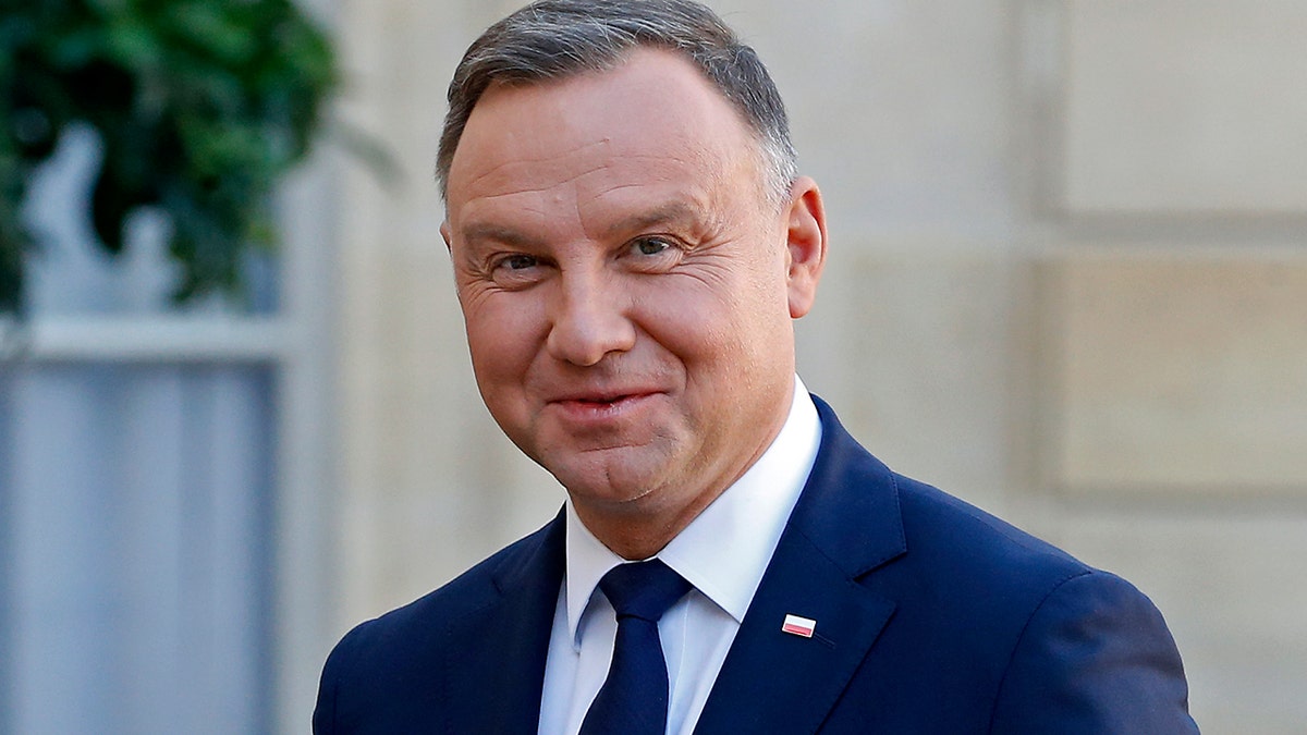 Polish President Andrzej Duda poses as he arrives for a working lunch with French President Emmanuel Macron at the Elysee Palace on Oct. 27, 2021, in Paris, France. 