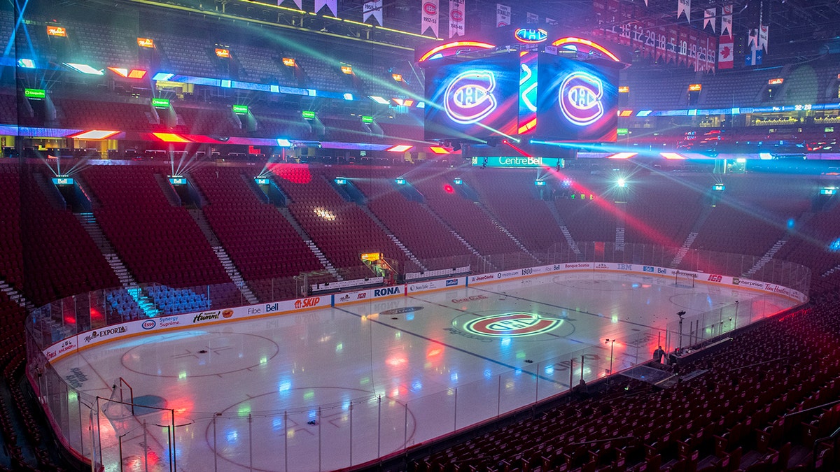 An empty Bell Centre is viewed in Montreal, Thursday, Dec. 16, 2021, ahead of an NHL hockey game between the Montreal Canadiens and the Philadelphia Flyers.