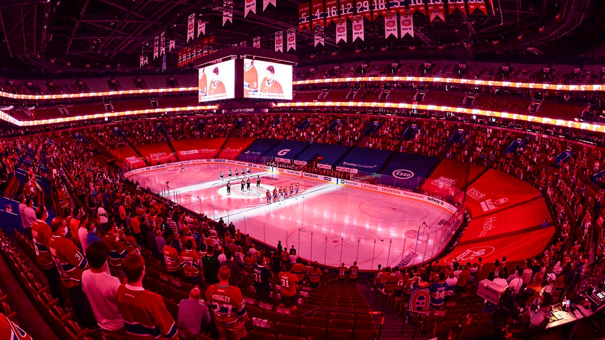 MONTREAL, QC - JUNE 06:  General view during the singing of the national anthem between the Montreal Canadiens and the Winnipeg Jets in Game Three of the Second Round of the 2021 Stanley Cup Playoffs at the Bell Centre on June 6, 2021 in Montreal, Canada.