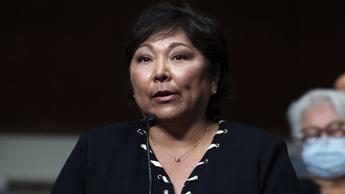 Regina Rodriguez, U.S. judge for the District of Colorado nominee for President Biden, speaks during a Senate Judiciary Committee confirmation hearing in Washington, April 28, 2021.