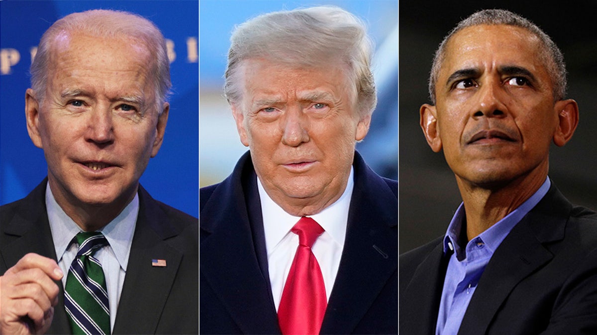 President Joe Biden, left, former President Donald Trump, center, and former President Barack Obama, right