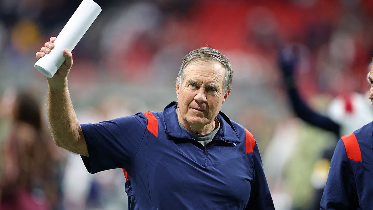 Head coach Bill Belichick of the New England Patriots reacts after defeating the Atlanta Falcons 25-0 at Mercedes-Benz Stadium on Nov. 18, 2021, in Atlanta, Georgia.