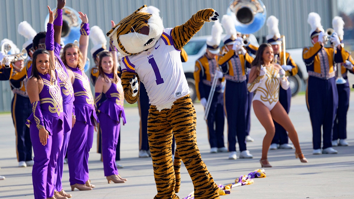 The LSU marching band and mascot perform as new football coach Brian Kelly arrives at Baton Rouge Metropolitan Airport, Tuesday, Nov. 30, 2021, in Baton Rouge, La. Kelly, formerly of Notre Dame, is said to have agreed to a 10-year contract with LSU worth $95 million plus incentives. 