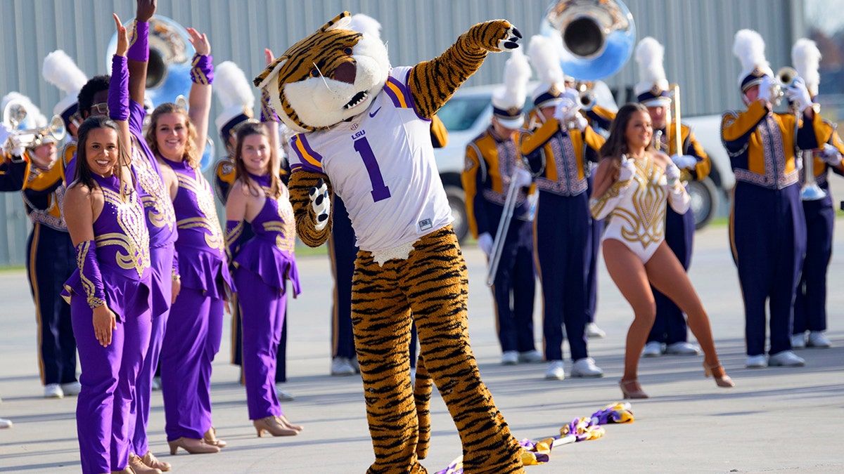 The LSU marching band and mascot perform as new football coach Brian Kelly arrives at Baton Rouge Metropolitan Airport, Tuesday, Nov. 30, 2021, in Baton Rouge, La. Kelly, formerly of Notre Dame, is said to have agreed to a 10-year contract with LSU worth $95 million plus incentives.?