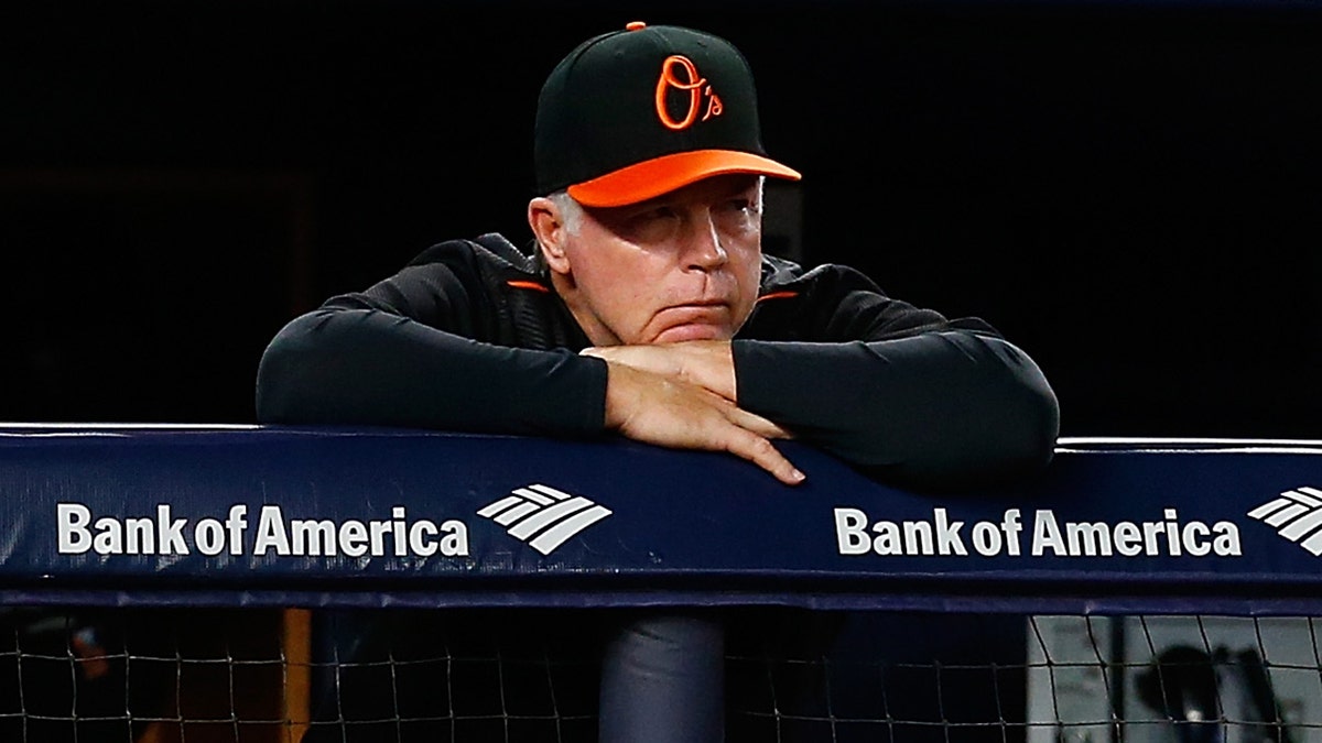 New York Yankees manager Buck Showalter looks on from the dugout