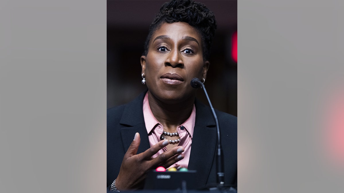 Candace Jackson-Akiwumi, U.S. judge for the Seventh Circuit nominee for President Biden, speaks during a Senate Judiciary Committee confirmation hearing in Washington, April 28, 2021. 